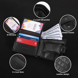 Cartera Hombre Piel Antirrobo con Bloqueo RFID - Billetera Hombre Piel con Bolsillos Abatibles, Cartera Tarjetero Cuero Minimalista, Regalo para Hombre Elegante (Negro)