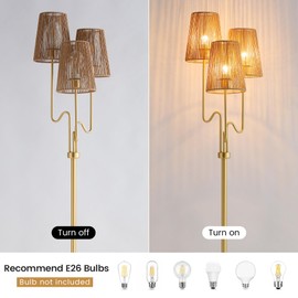 Boho Floor Lamp, 68in. Rattan floor lamp with Natural Woven Shade, Rustic Standing Lamp for Coastal, Beach or Bohemian Style Decor, E26 Socket, On/Off Footswitch Lamp for Living room, Bedroom (Gold)