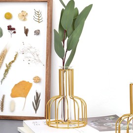 Table Flower Vase,Gold Geometric Metal Frame Clear Glass Tube Bud Vase Hydroponic Plants,Gold Vase Decorative for Flower,Weddings,Centerpiece,Party,Home(gold 7)