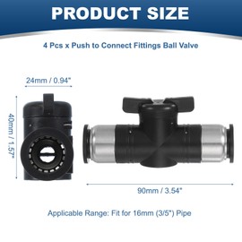 PATIKIL 16mm (3/5") Push to Connect Fittings Ball Valve, 4 Pcs 0-60 Degree BUC Air Flow Control Valve Quick Straight Connectors Air Hose Fitting for Pneumatic System Pipeline, Black