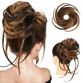 HOOJIH Messy Bun Hair Piece, Super Long Tousled Updo Hair Bun Extensions Wavy Hair Wrap Ponytail Hairpieces Hair Scrunchies with Elastic Hair Band HB007 Grace - Warm Brown with Medium Brown Highlights