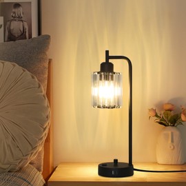 Stepeak Black Table Lamps Set of 2 with LED Bulbs, Crystal Shade, Modern Bedside Lamps for Night Stands with USB Charging Ports and Outlet, Industrial Nightstand Desk Lamp for Bedroom Living Room
