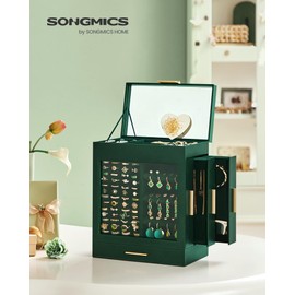 SONGMICS Jewelry Box with Glass Window, 5-Layer Jewelry Organizer with 3 Side Drawers, Jewelry Storage, with Big Mirror, Modern, 6.1 x 10.3 x 12.6 Inches, Forest Green and Metallic Gold UJBC162C01