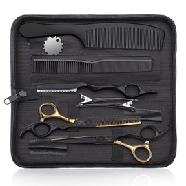 JASON Hair Cutting Scissors Kit - Professional 10 PCS Haircut Scissors Set with 6.7" Thinning/Texturizing Scissors, Straight Shears for Men Women Home Salon Barber (30 Teeth, Black & Gold)