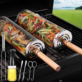 Rolling Grilling Baskets for Outdoor Grill Bbq Net Tube Stainless Steel Large Round Mesh Rotation Camping Barbecue Cylinder Cage Cooking Accessories for Vegetable Veggies Fish Meat Food, Gift for Men