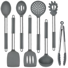 TeamFar Kitchen Utensils, 8PCS Silicone Utensils Kitchen Tools Set with Stainless Steel Handle, for Nonstick Cookware Frying Flipping Draining, Healthy & Anti-heat, Nonstick & Dishwasher Safe - Gray