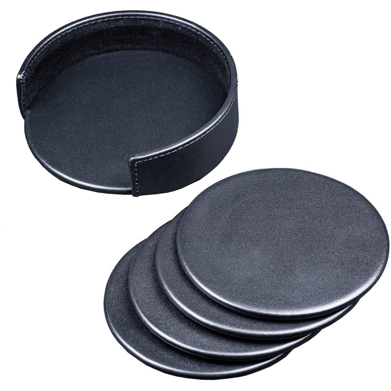 Classic Black Leather Round Coaster Set