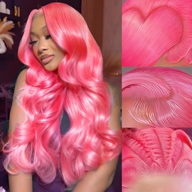 Nihonwe Pink 13x6 Lace Front Wigs Human Hair Body Wave Pink Human Hair Wigs for Women 200% Density Glueless HD Transparent Lace Frontal Wigs Pre Plucked 28 Inch