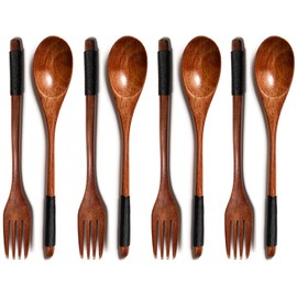 Set of 8 Wooden Kitchen Utensils, Wooden Cutlery, Wooden Fork, Wooden Spoon, Wooden Spoon, Salad Servers, Wood, Reusable Wooden Spoons, Fork Set, for Party, Banquet, Buffet, Catering, Everyday Life, Brown