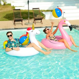 FindUWill 2 Pack Pool Floats with 2Pcs Balls Pool Toys, 57'' Large Unicorn Pool Float 46'' Flamingo Pool Floaties for Adult, Heavy Duty Inflatable Swimming Pool Accessories for Pool Water Party