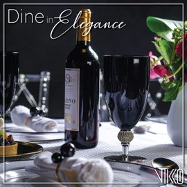 Vikko Décor Black and Silver Goblets | Large 18 Ounce Cup – Striking Design with Diamante Accents – Thick and Durable Glass – Dishwasher Safe – Set of Twelve Stunning Glasses – 7.8” x 3.5”