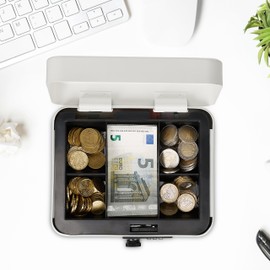 Relaxdays Cash Box, 3-Digit Number Combination, Coin Insert, Iron Money Box, Cash Box, H x W x D 8.5 x 20 x 17 cm, White