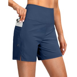 G Gradual - Pantalones cortos de natación de cintura alta para mujer, de 5 pulgadas, con bolsillos para el teléfono, UPF 50+, pantalones cortos de playa de secado rápido para mujer con forro, Azul,