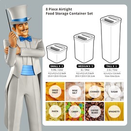 MR.SIGA 8 Piece Airtight Food Storage Container Set, BPA Free Kitchen Pantry Organization Canisters, One-Handed Airtight Plastic Containers with Lids for Cereal, Spaghettie, Pasta,White