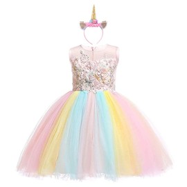 IZKIZF - Disfraz de unicornio para niñas, vestido de tul con diadema, para fiestas de cumpleaños, carnaval, cosplay de arco iris 4-5T