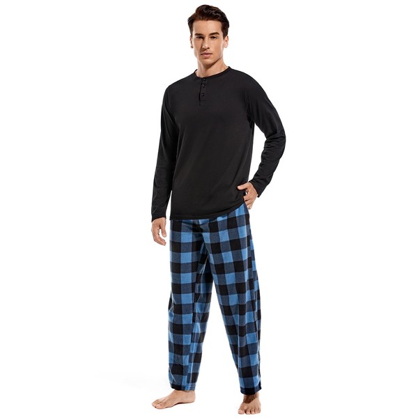 DG Hill Mens Pajama Pants - 2 Pack Henley Shirt & Pajama Bottoms with Pockets Matching PJS Set - Fleece Pajama Sleep Pants