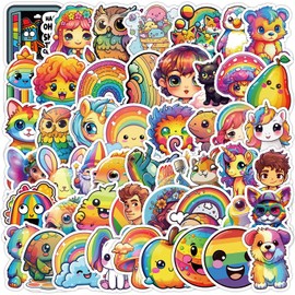 Rainbow Cartoon Stickers for Laptop (50 PCS),Gift for Children Teens Adults Girl Boys,Waterproof Stickers for Water Bottle,Rainbow Vinyl Stickers for Scrapbook,Skateboard,Bike,Phone,Dairy