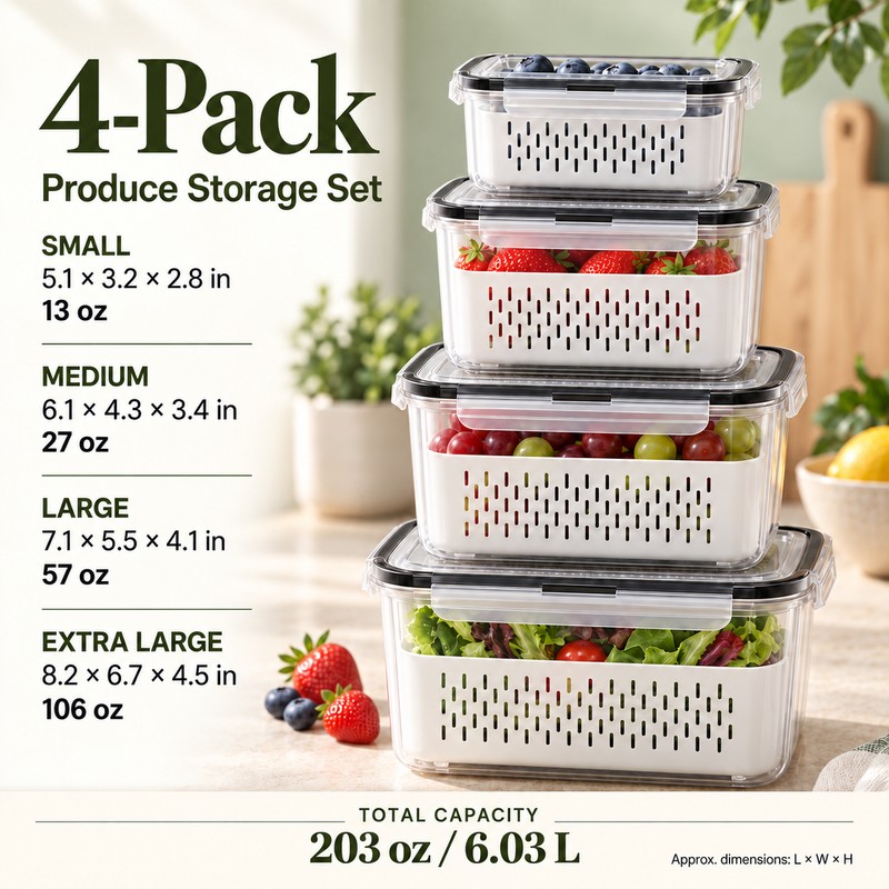 Produce Storage Containers for Fridge with Removable Colanders & Locking