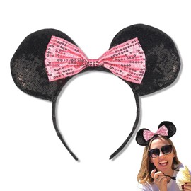 BAYLOVE Diadema con Orejas de Ratón Brillantes, Disfraz Orejas Diadema Lentejuelas para Niñas, Minnie Princess Ears Headband, Cosplay, Fiestas Cumpleaños, Universal para Adultos y Niños(Brillos Rosa)