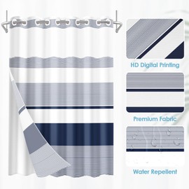 Nesphy No Hook Navy Blue Shower Curtain with Snap in Fabric Liner Set, Boho Striped Modern Double Layers Waterproof Fabric with See Through Top Window Open Grommet Bath Curtain 71x86 Inch