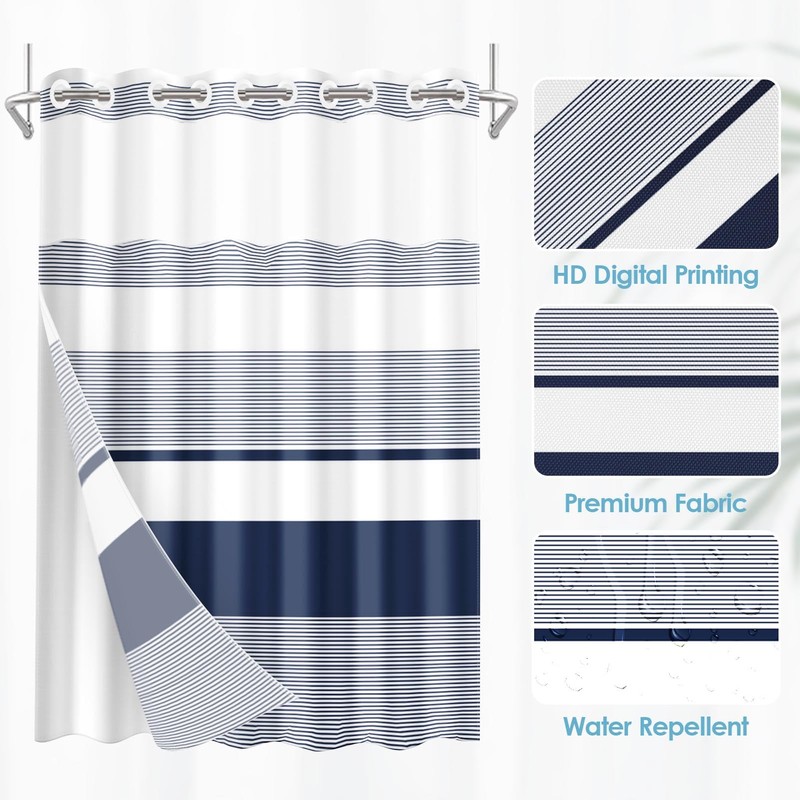 Nesphy No Hook Navy Blue Shower Curtain with Snap in