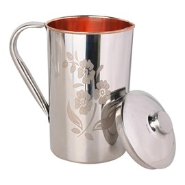 Copper and Stainless Steel Jug | Outer Stainless Steel and Inner Copper Jug For Ayurveda Health Benefits (1.5 Floral Pattern)