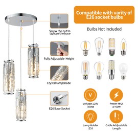 LMQNINE 3 Light Chrome Pendant Lighting Modern Pendant Light, Mini Crystal Chandeliers,Adjustable Pendant Light Fixture for Kitchen Island Dinning Room Bedroom (Chrome 3-Light)