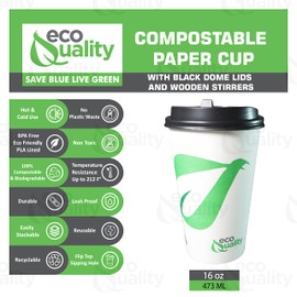 16 oz Compostable Paper Cups with Black Dome Lids and Wooden Stirrers - Biodegradable Disposable White Paper Coffee Cups PLA Lined - Eco-friendly Hot and Cold Drinking Cups (200)