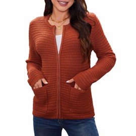 Red Cardigan for Women Long Sleeve Zip Up Cardigan Sweatshirt Christmas Jacket Coats with Pockets(Brick Red,L)