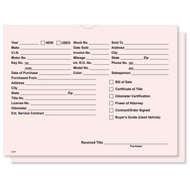 Printed Vehicle Deal Jackets Envelopes Folders for Auto Car Dealerships - 9x12 Size - Dealer Supplies - New and Used Cars - 100 Quantity (Pink)