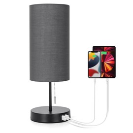 Aigostar Bedside Lamp with 2 USB Charging Ports, E27 Table Lamp with Pull Switch, Metal Base, Modern Table Lamp for Bedroom, Living Room, Desk, Baby Room - Grey