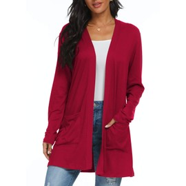 Womens Cardigan with Pocketes Long Sleeve Casual Lightweight Open Front Cardigan Red-S