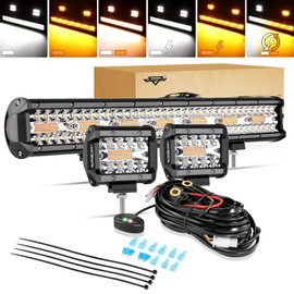 Auxbeam 20 Inch 420W LED Light Bar, 2 PCs 4 Inch 60W, 6 Modes Amber White Strobe, Spot Flood Combo Work Light with Wiring Harness