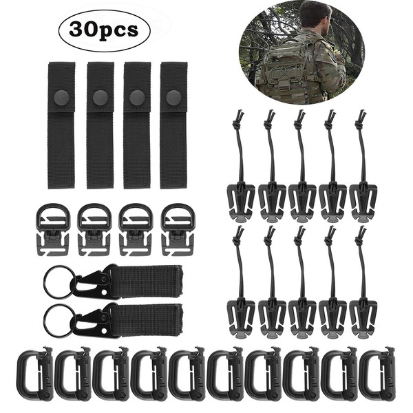 Golden^Li Tactical Molle Clips Attachments Set, 30pcs Perfect Grip Tactical Bag Strap Tool Backpack Kits - D-Ring Clips, Buckles, Straps, Hooks with Storage Bag for Ourdoors Travel