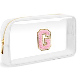 LOFOWN Initial Clear Makeup Bag Small Cosmetic Bag Travel Toiletry Bag Clear Zipper Pouch Purse Organizer Bags for Women, White-M, G, Initial Makeup Bag