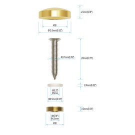 FOCMKEAS 2 PCS 14mm(0.55") Mirror Screws, Brass Decorative Caps Cover Fasteners, Metal Mirror Nails, Polished Cambered Gold Lid