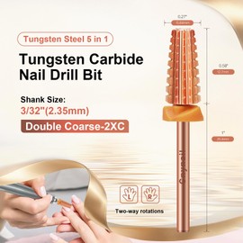 Cnynail 5 in 1 Nail Drill Bit, Tungsten Carbide Multi-Function Bit for Acrylic Nails, Hard Gels, Cuticles Removal, 3/32" Shank, Two-Way Rotation for Left & Right-Handed Use (2XC Grit, Rose Gold)
