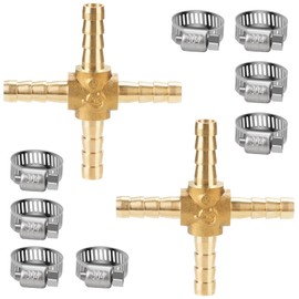 nutmanel 2 Pack Cross 4 Way Brass Hose Barb,6mm 4 Way Brass Hose Connector,Brass Fuel Hose Joiner Pneumatic Hose Connector with 8 Hose Clamps,for Hose Connections,Compressed Air Oil Gas Pipe