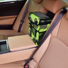Cute Car Trash Can with Lid - Leak Proof Car Trash Bag Hanging Waterproof Car Garbage Can with Storage Pockets Multipurpose Collapsible Car Organizer (Camo Green)
