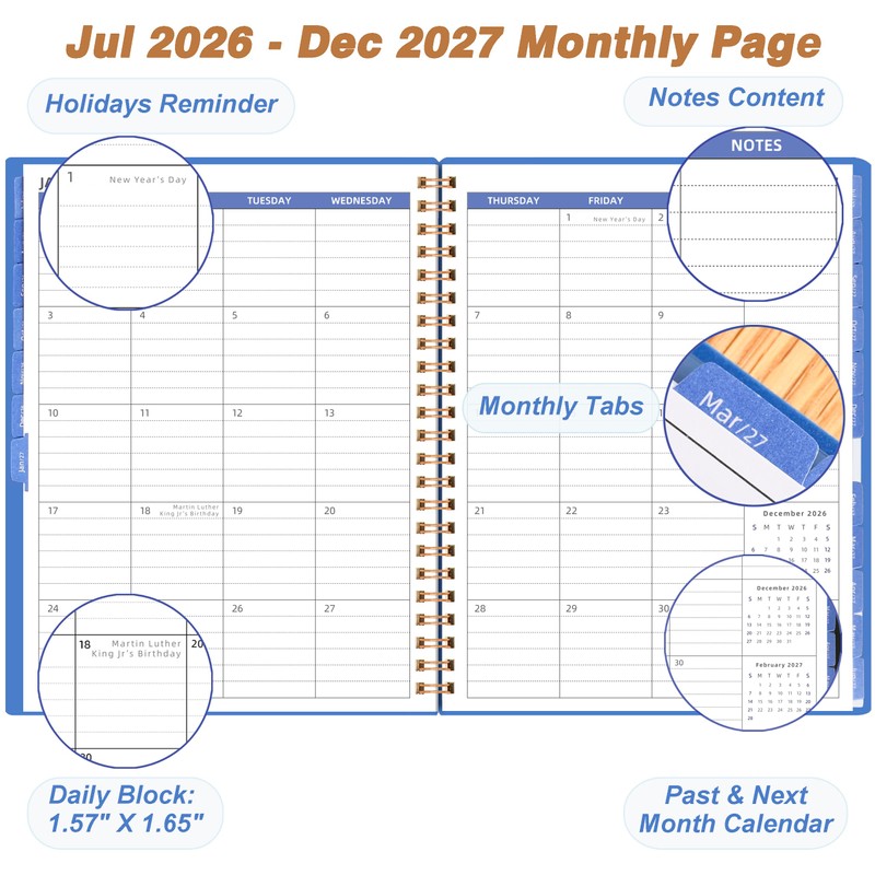 Monthly Calendar Planner, Jul 2026–Dec 2027, 120 GSM Paper, B5