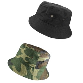 Gelante Solid Color 100% Cotton Bucket Hat for Women and Men Packable Travel Summer Beach Hat, 2pcs Black & Camo, Large-X-Large