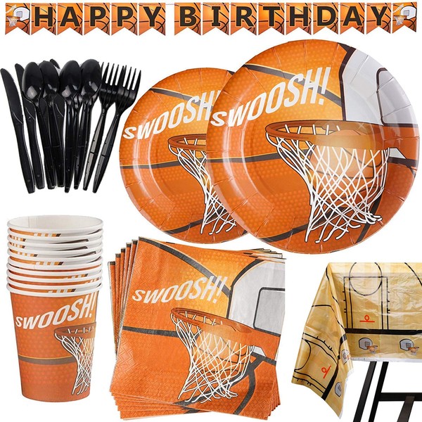 177 Piece Basketball Party Supplies Set Including Banner, Plates, Cups, Napkins, Cutlery, and Tablecloth, Serves 25