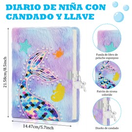 Diario de Sirena para Niñas con Candado y Llaves, Juego de Cuaderno Secreto de Felpa con 160 Páginas Rayadas, Cuaderno Secreto Esponjoso para Escribir y Dibujar, Regalos para Días Escolares para Niñas