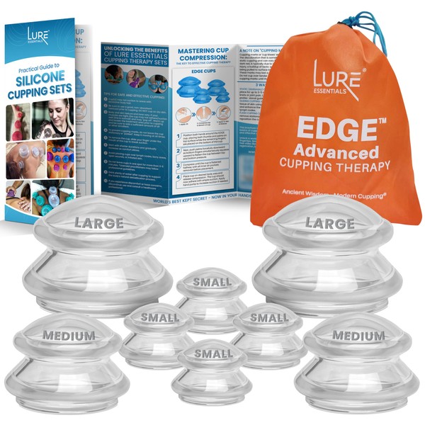 LURE Essentials Edge Cupping Therapy Set - Cupping Kit for Massage Therapy - Silicone Cupping Set - Massage Cups for Cupping Therapy, (8 Cups - 2L, 2M, 4S, e-Book) (Clear)