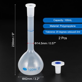 PATIKIL 100ml Volumetric Flask, 2 Pack Polypropylene Graduated Volumetric Measuring Flask with Plug Cap Tolerance 0.3ml for Laboratory Experiment, Translucent