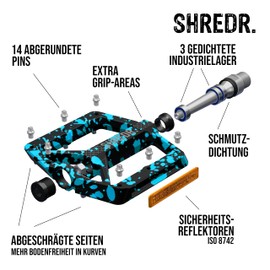 SHREDR. Shine Pedals for MTB, High-Quality Flat Pedals for Mountain Bike, with Reflectors (StVZO Compliant), Special Edition, Unique (Blue/Black, M)