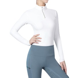 Harrison Howard Long Sleeve Rider Top Stand Collar Breathable Comfortable Stretchy with Embroidery Detailing Form-Flattering Rider Top for Shows Competition,Oval White,Small