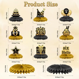 6th Birthday Decorations Set, 2019 Table Toppers for Girls Boys Birthday Party Supplies, Happy 6 Year Old Table Decoration for Daughter Son, 9Pcs Black & Gold Honeycomb Centerpieces