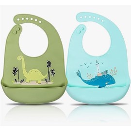 Rantuia 2pcs Baberos de Bebé para Niños, Baberos de Silicona, Baberos para Bebé Niña y Niño Con 2 Colores y Patrones Diferentes Suave Reutilizables y Fáciles de Limpiar Ideal para 3 a 36 Meses.