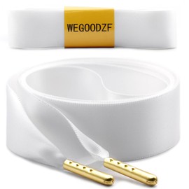 WEGOODZF Ribbon Satin Sneakers Shoelaces: 2 Pair 22mm Wide Flat Silk Shoe Laces, 02 White + Gold Metal Tips, 39.4 inch (100CM)